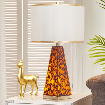 White Drum Table Light Modernism 1-Bulb Fabric Night Lamp with Tower Leopard Print Acrylic Base