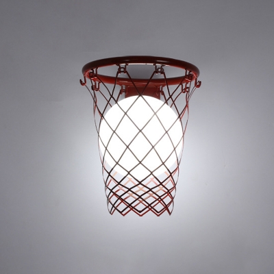 White Glass Ball Sconce Light Fixture Cartoon 1 Light Black/Red Finish Wall Lamp with Basket Frame Design