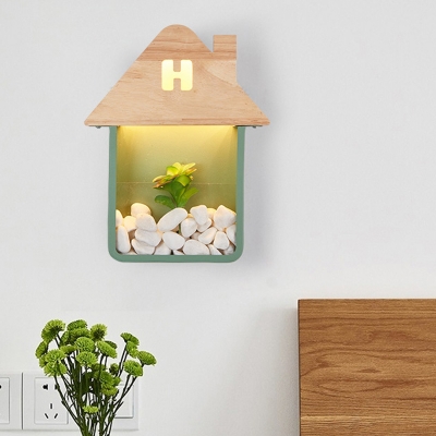 Wood House Shaped Sconce Lamp Fixture Macaron LED Wall Mount Lighting in Grey/White/Green without Stone and Plant