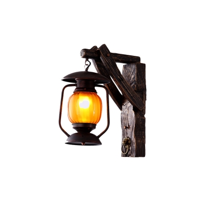 Yellow Glass Black Wall Hanging Light Lantern 1-Light Warehouse Sconce Lamp with Wood Backplate