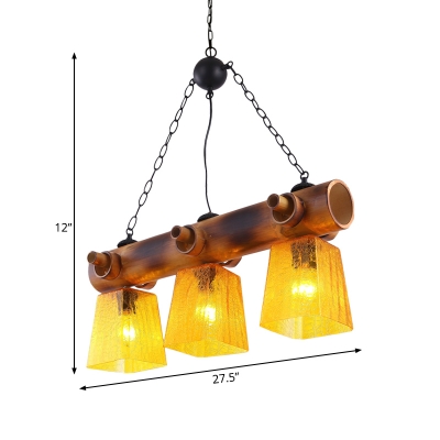 Yellow Rippled Glass Brown Island Lighting Trapezoid 3-Light Countryside Pendant Light Fixture with Linear Bamboo Beam