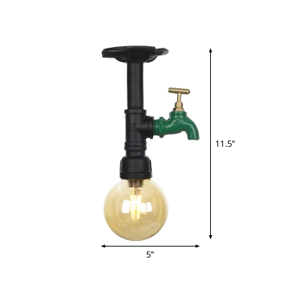 1-Bulb Sphere Semi Flushmount Vintage Black Finish Amber Glass LED Flush Ceiling Lamp
