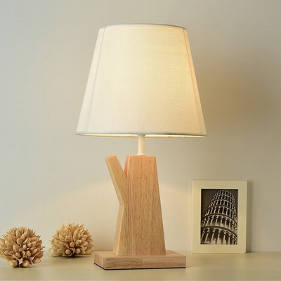 1 Head Conical Night Light Simple White Fabric Table Lamp with Kettle Wood Base for Bedside