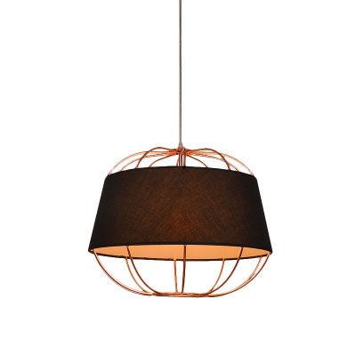 1 Head Pumpkin Cage Drop Pendant Rustic Rose Gold Iron Hanging Lamp with Black/White Fabric Shade