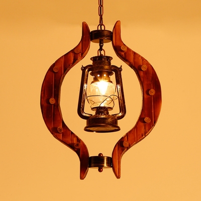 1 Light Clear Glass Pendant Lamp Factory Brass Lantern Living Room Hanging Ceiling Light with Wood Frame Deco