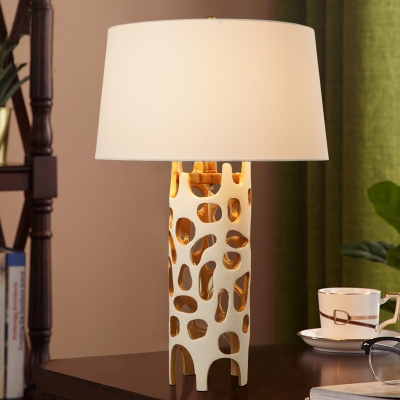 1-Light Resin Table Light Modern Style White and Gold Inner Cylindrical Cutouts Night Lamp with Tapered Fabric Lampshade