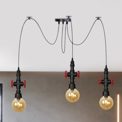 2/3/6 Heads Orb Multi-Light Pendant Vintage Black Amber Glass Swag LED Suspension Lamp with Valve Deco