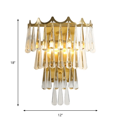 2 Bulbs Crystal Teardrop Flush Mount Retro Gold 4-Tier Parlor Wall Mount Lighting Fixture