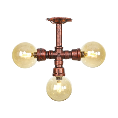 3/4 Lights LED Semi Flush Mount Industrial Orb Amber Glass Flush Ceiling Lamp in Copper
