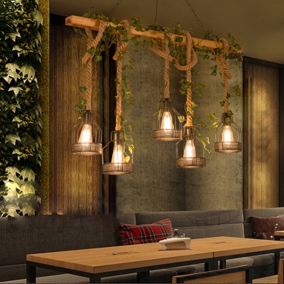 3/5-Light Wood Suspension Lamp Lodge Brown Linear Restaurant Plant Island Pendant Light with Rope Hang Wire Cage