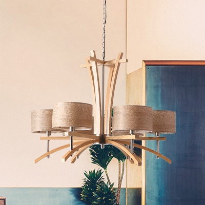 3/6-Head Living Room Chandelier Lighting Modernist Beige Hanging Lamp Kit with Drum Wood Veneer Shade
