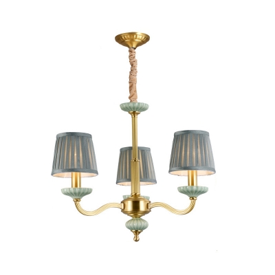 3/6 Heads Chandelier Traditional Curved Arm Metal Pendant Light in Brass with Cone Light Blue Fabric Shade