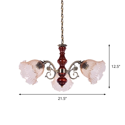 3-Head Floral Ceiling Chandelier Antiqued Red Brown Amber Cracked Glass Pendulum Light