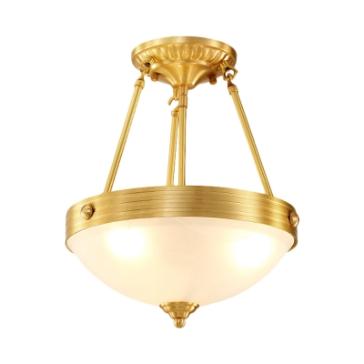 3-Light Bowl Semi Mount Lighting Retro Brass Matte Glass Ceiling Mount Chandelier