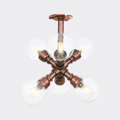 4/5/6-Light Semi Flush Mount Vintage Restaurant LED Flush Ceiling Lamp with Orb Clear Glass Shade in Copper