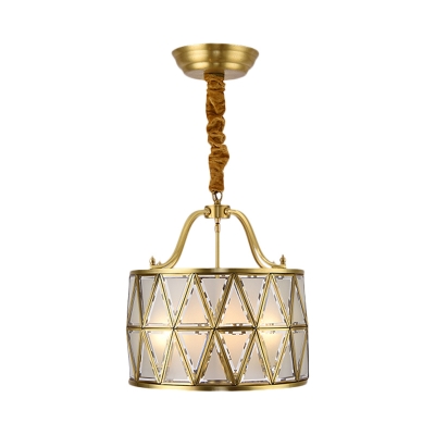 4 Bulbs X-Drum Chandelier Traditional Brass Frosted Glass Hanging Light for Dining Room