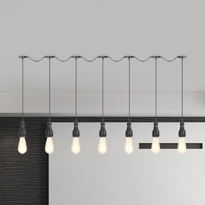 5/7-Head Iron Multi Ceiling Light Industrial Black Bare Bulb Bar Tandem Suspension Pendant in Black