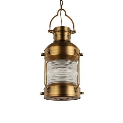 Antiqued Brass 2-Bulb Hanging Lamp Vintage Ribbed Glass Lantern Pendant Light over Table