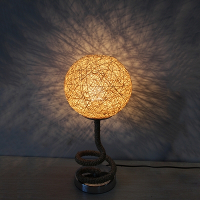 Asia Creative Spiral Hemp Rope Night Lamp Single-Bulb Table Light with Ball Rattan Woven Shade in Light-Yellow