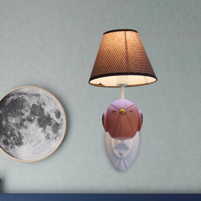 Bird Shape Resin Wall Light Fixture Cartoon 1 Head Pink/Blue Sconce Lamp with Barrel Brown Fabric Shade