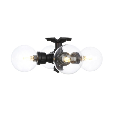 Black 3/4-Head LED Semi Flush Mount Industrial Clear Glass Spherical Flush Ceiling Lighting
