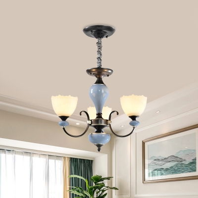 Black 3/6 Lights Chandelier Vintage Metal Swirling Arm Up Ceiling Suspension Lamp with Bud Cream Glass Shade