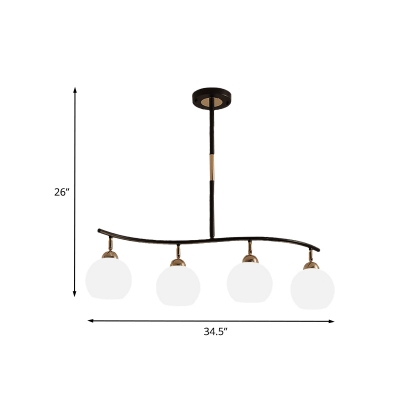 Black Finish Waving Linear Chandelier Light Modern 4-Head Metal Pendant Lamp Fixture with Ball Cream Glass Shade
