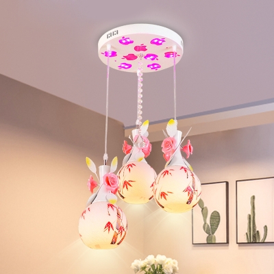Blown Glass White Cluster Pendant Teardrop 3-Bulb Country Petal Hanging Light Kit with Bamboo Pattern