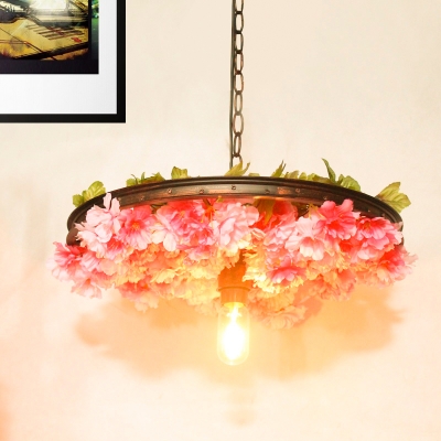 Blue/Pink Floral Ceiling Light Farmhouse Iron 1 Bulb Restaurant Down Lighting Pendant with Wheel Decor, 8.5