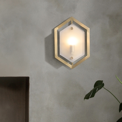 Brass Finish Hexagon Wall Sconce Light Postmodern 1 Bulb Metallic Wall Mount with Translucent Glass Shade