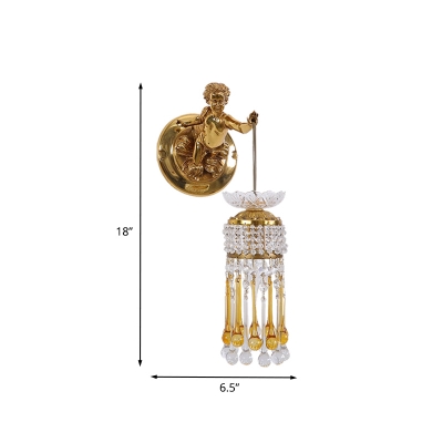 Brass Teardrop Sconce Light Fixture Traditional Crystal 1-Light Living Room Wall Lamp with Boy Backplate