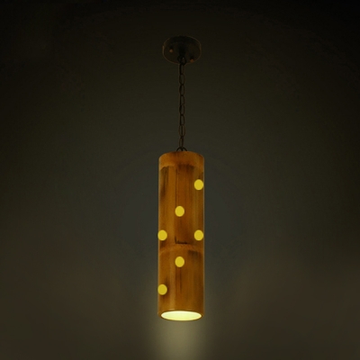Brown 1 Head Hanging Ceiling Light Loft Style Bamboo Etched Cylinder Suspension Pendant