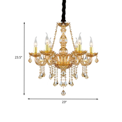 Candlestick Amber Crystal Chandelier Light Traditional 6 Lights Living Room Suspension Light in Gold with Shade/Shadeless