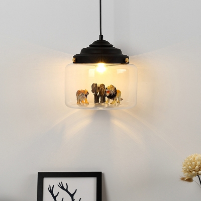 Canning Jar Clear Glass Pendant Kids 1 Head Black/White Suspended Lighting Fixture with Animal Statue