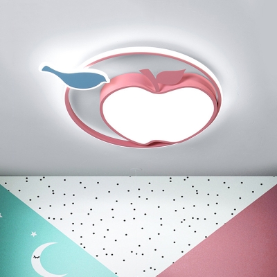 Cartoon LED Flush Mount Lighting Blue-Pink Bird and Apple Flush Lamp Fixture with Acrylic Shade in Warm/White Light
