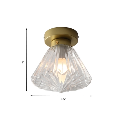 Clear Ribbed Glass Diamond Flush Light Fixture Modernism 1 Bulb Brass Flush Mount for Kitchen