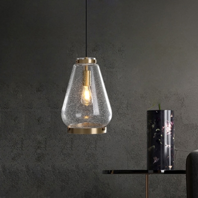 Clear Seedy Glass Teardrop Pendant Lamp Minimalism 1 Bulb Brass Finish Hanging Light Fixture