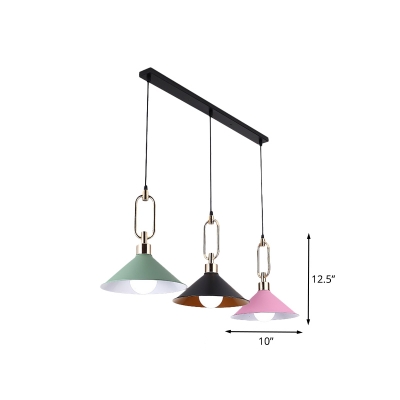 Cone Iron Multiple Hanging Lamp Macaron 3 Heads Black-Pink-Green Finish Drop Pendant Lamp with Ring Buckle Top, Linear/Round Canopy