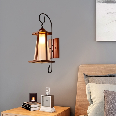 Country Tapered Wall Sconce 1 Light Cream Glass Wall Lighting Ideas in Brown with Wood Square Frame