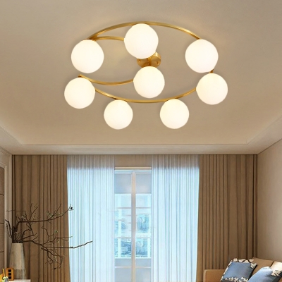 Cream Glass Ball Semi Flush Light Fixture Modernist 3/6/8-Light LED Flushmount Lamp in Gold with Moon Design
