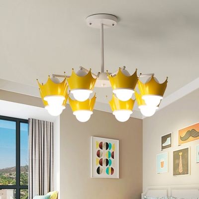 Crown Chandelier Pendant Light Kids Style Iron 8 Heads Child Room Hanging Lamp in Yellow/Blue