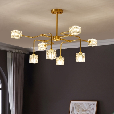 Cubic Crystal Chandelier Light Postmodern 8-Bulb Dining Room Hanging Lamp in Gold