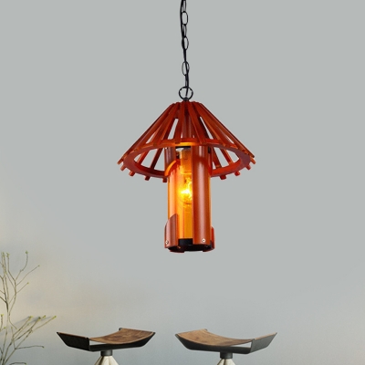 Cylinder Dining Room Pendant Lighting Warehouse Bamboo 1-Light Brown Suspension Lamp with Cone Shade