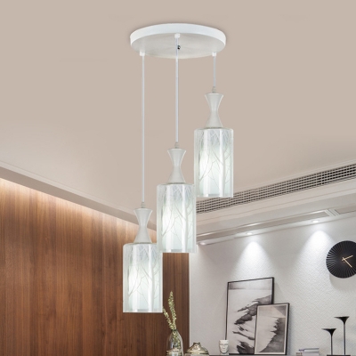 Cylindrical Cluster Pendant Light Modern Opal Glass 3-Light White Hanging Lamp Kit with Tree Pattern