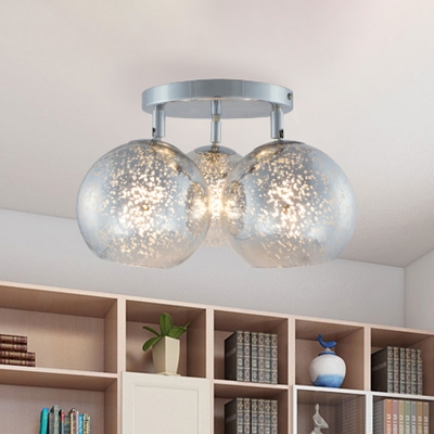 Dome Semi Flush Mount Light Modernist White/Spotted Silver Glass 3-Head Dining Room Ceiling Lamp in Chrome