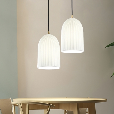 Elongated Dome Bedside Drop Pendant White Ribbed Glass 1-Light Simple Style Hanging Light