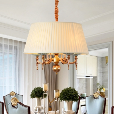 Fabric Drum Suspension Light Traditional 5 Heads Dining Room Chandelier Lamp Fixture in White