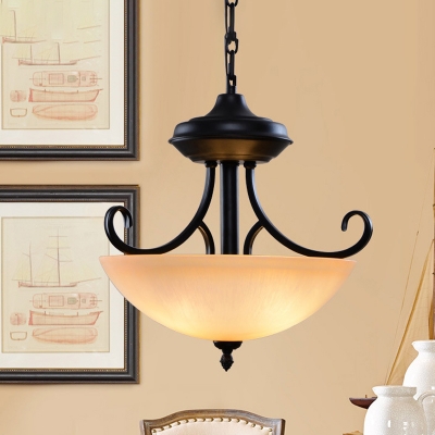 Frosted Glass Black Pendant Lamp Wide Bowl 3 Heads Vintage Chandelier Light with Scroll Fixture Arm