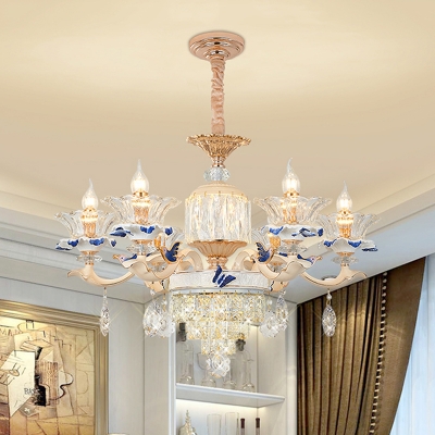 Gold 6/8 Heads Chandelier Lighting Modern Clear Crystal Flower Pendant Lamp for Bedroom