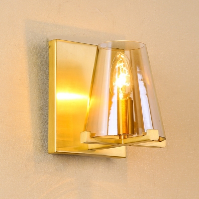 Gold Cone Wall Mount Lamp Mid Century 1-Light Amber Glass Sconce Light with Open Top Design